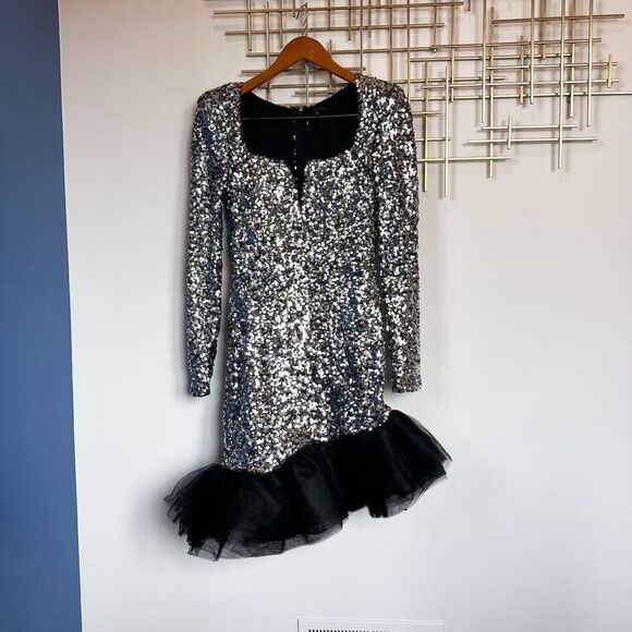 Symphony Party Girl Dress Silver Asymmetrical Poof Ruffle Size M - Picture 1 of 14